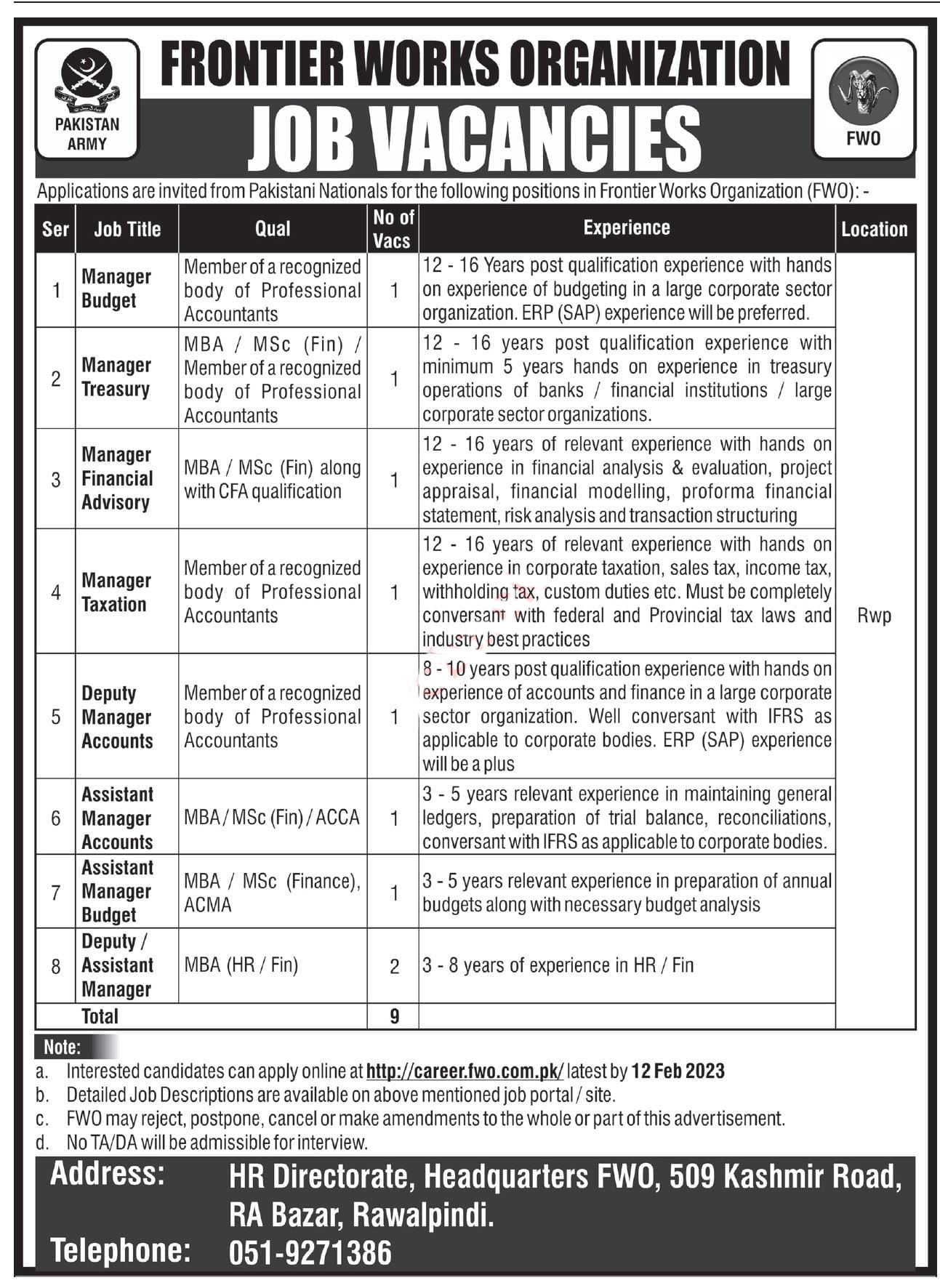 FWO Jobs 2023 - Frontier Works Organization Careers