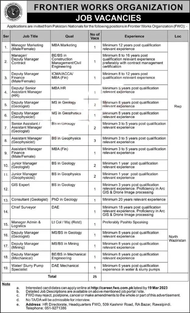 FWO Frontier Works Organization Jobs 2023