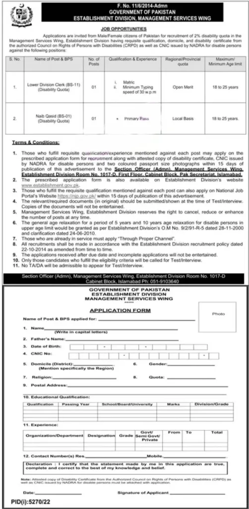 Pakistan Government Establishment Division Jobs 2023