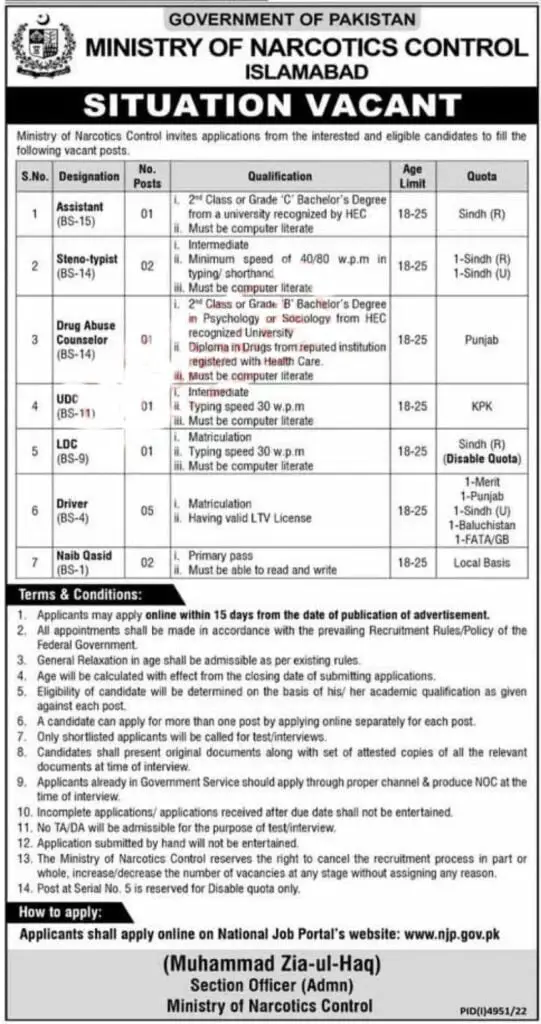 Ministry of Narcotics Control Jobs 2023