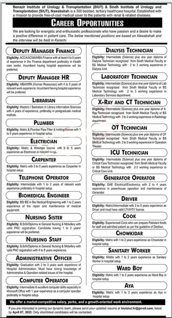 Sindh Institute of Urology and Transplantation SIUT Jobs 2023