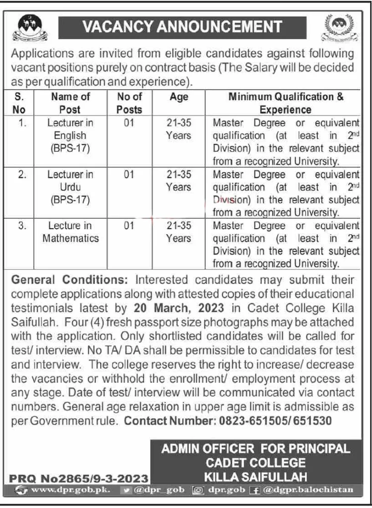 Cadet College Killa Saifullah Jobs 2023