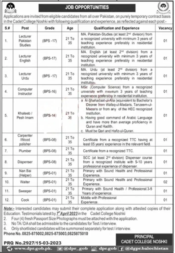 Cadet College Nushki Jobs 2023