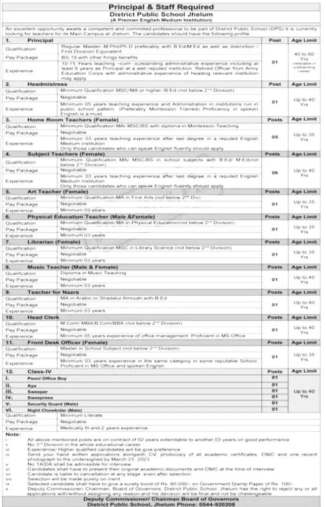 District Public School DPS Jhelum Jobs 2023