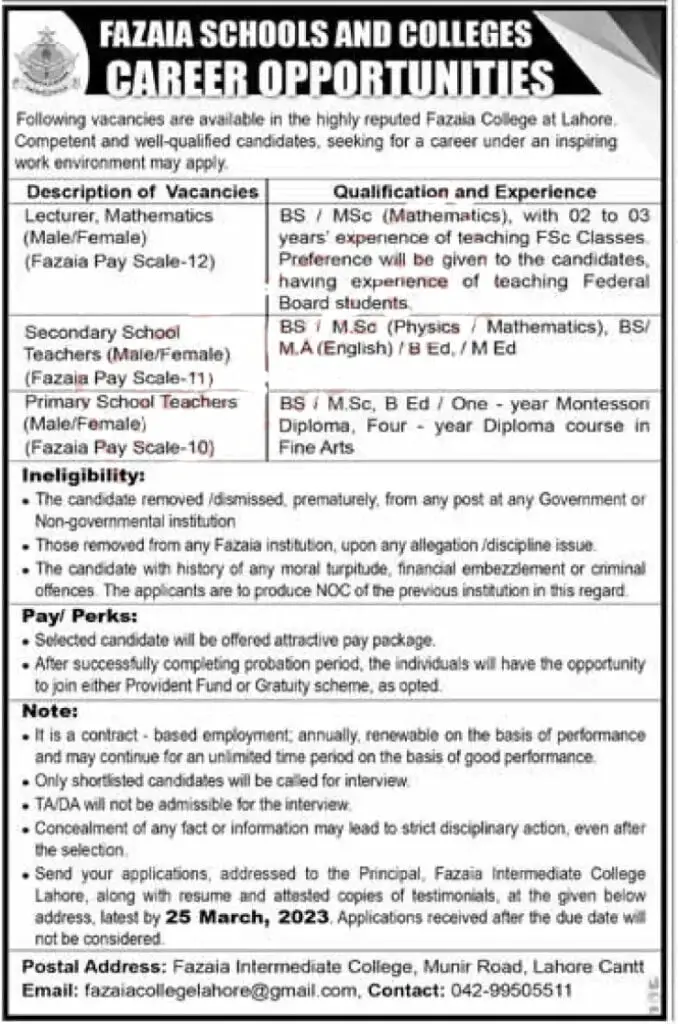Fazaia Intermediate College Lahore Jobs 2023