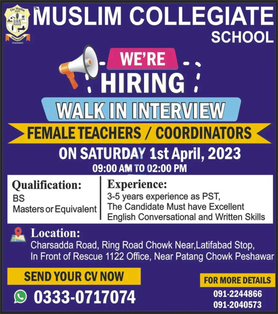 Muslim Collegiate School Peshawar Jobs 2023