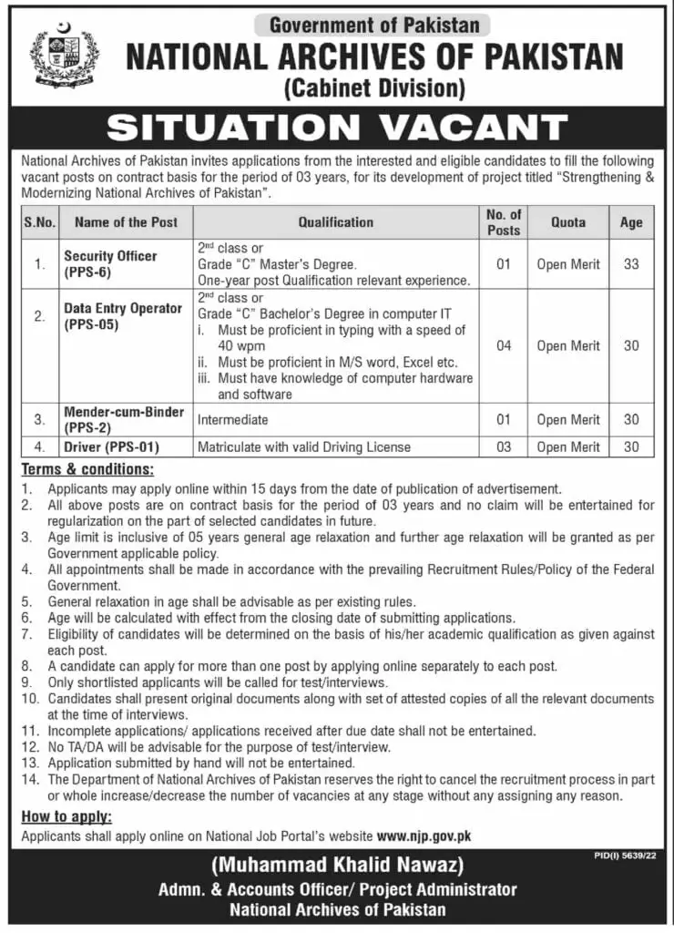 National Archives of Pakistan Jobs 2023