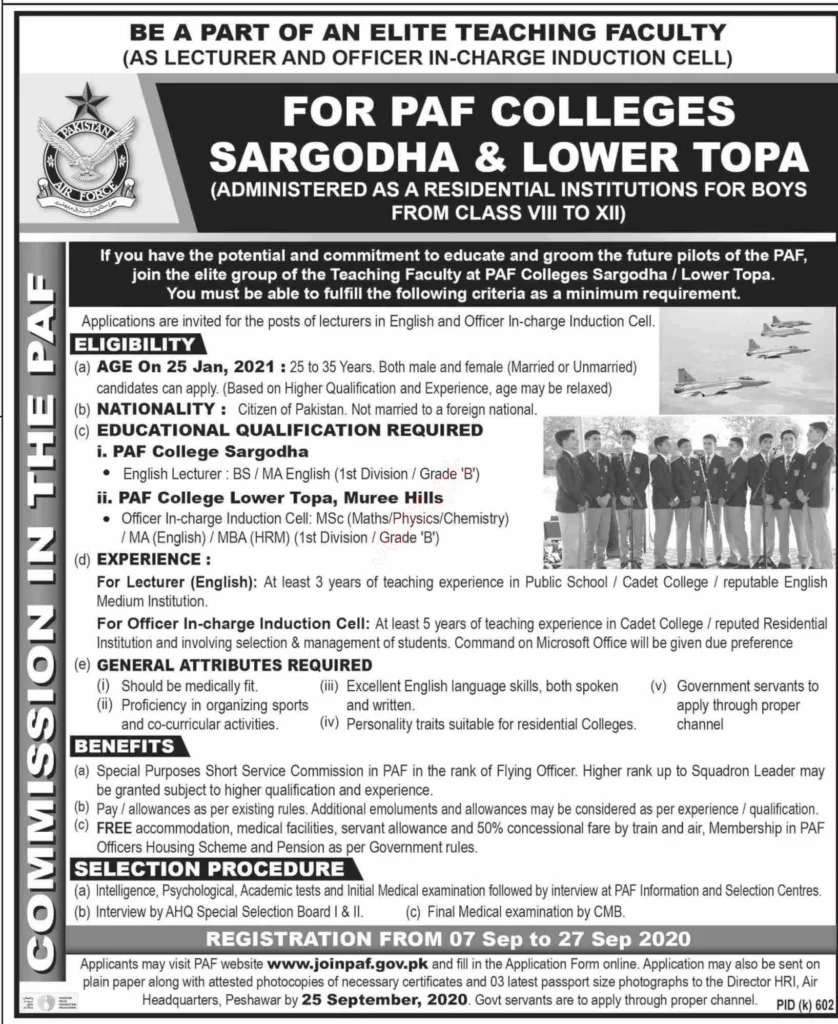 PAF College Sargodha Jobs 2023