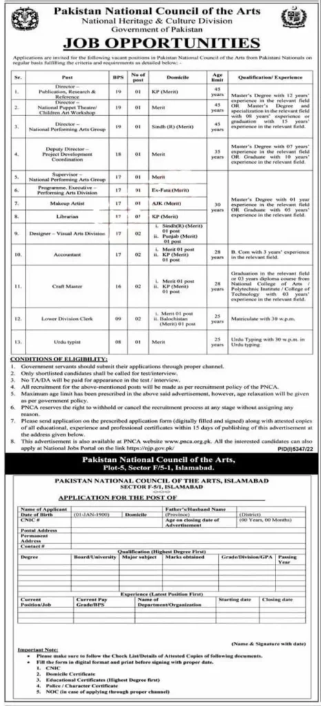 Pakistan National Council of Arts Jobs 2023