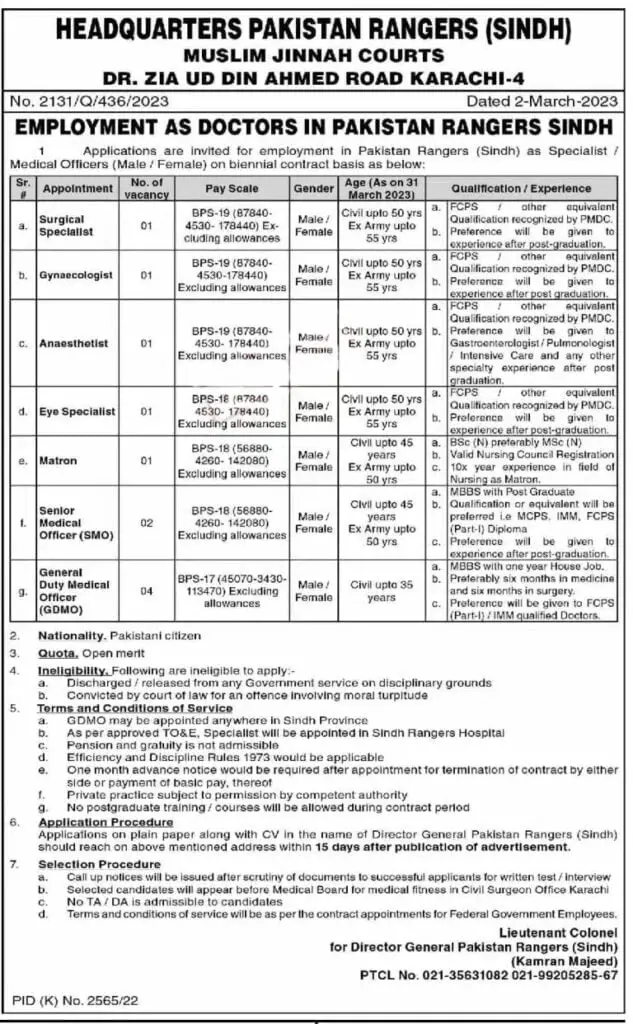 Pakistan Rangers Sindh Jobs 2023