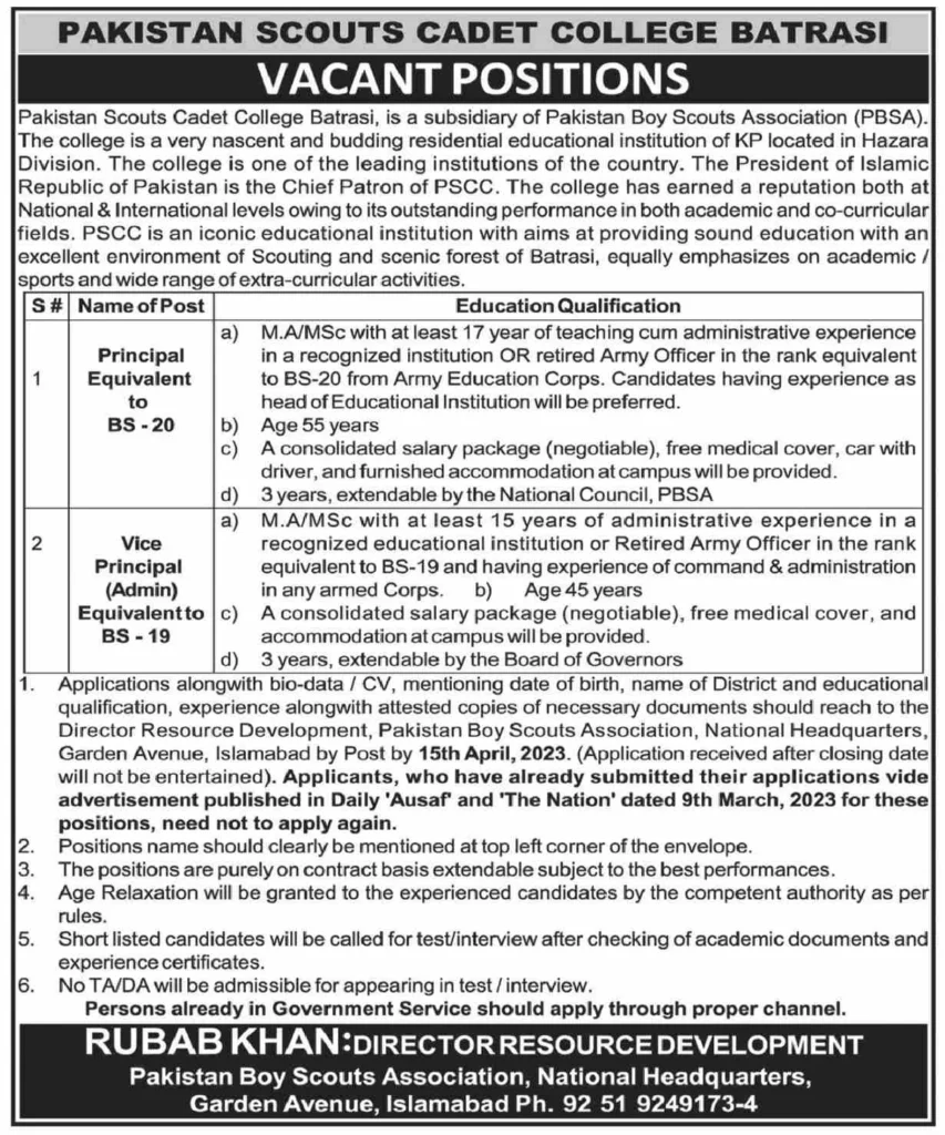 Pakistan Scouts Cadet College Batrasi Mansehra Jobs 2023