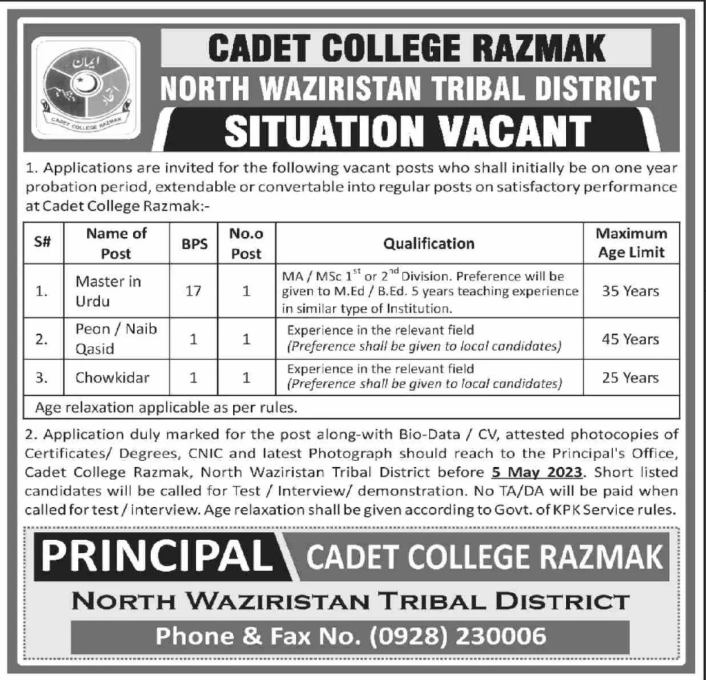 Cadet College Razmak Jobs 2023