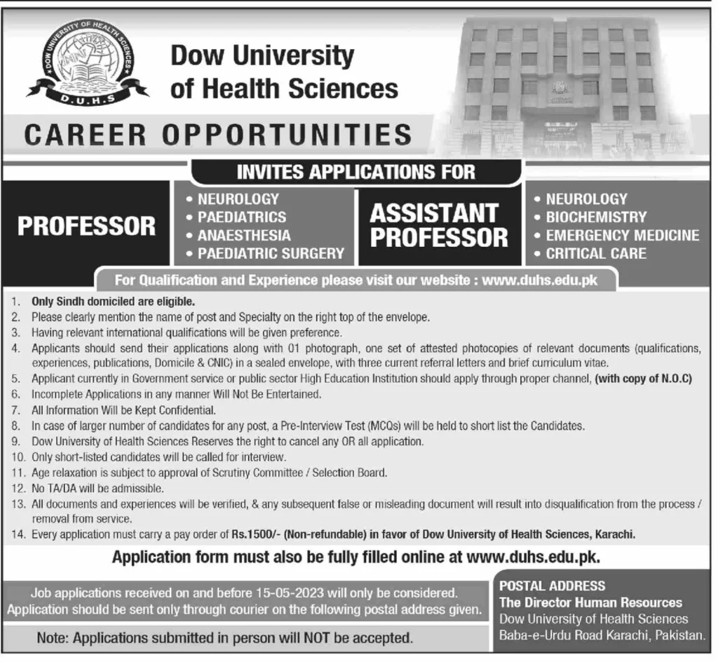 Dow University of Health Sciences Jobs 2023