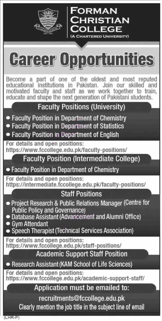 Forman Christian College Lahore Jobs 2023