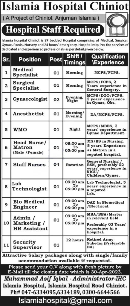 Islamia Hospital Chiniot Jobs 2023