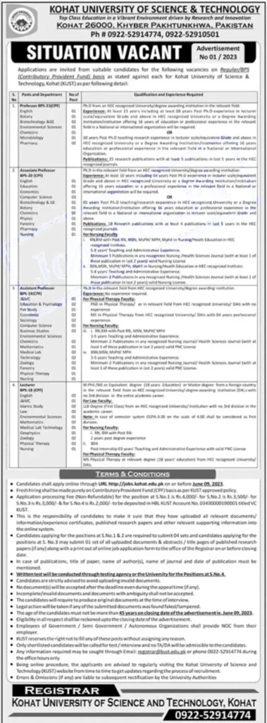 Kohat University of Science and Technology Jobs 2023