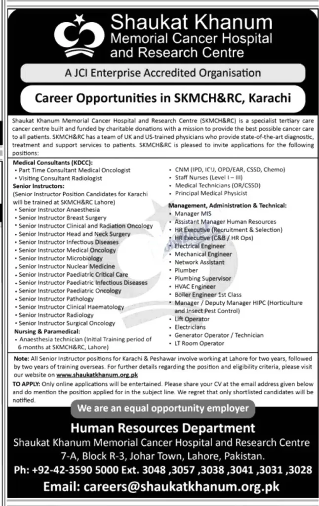 Shaukat Khanum Memorial Cancer Hospital Jobs 2023