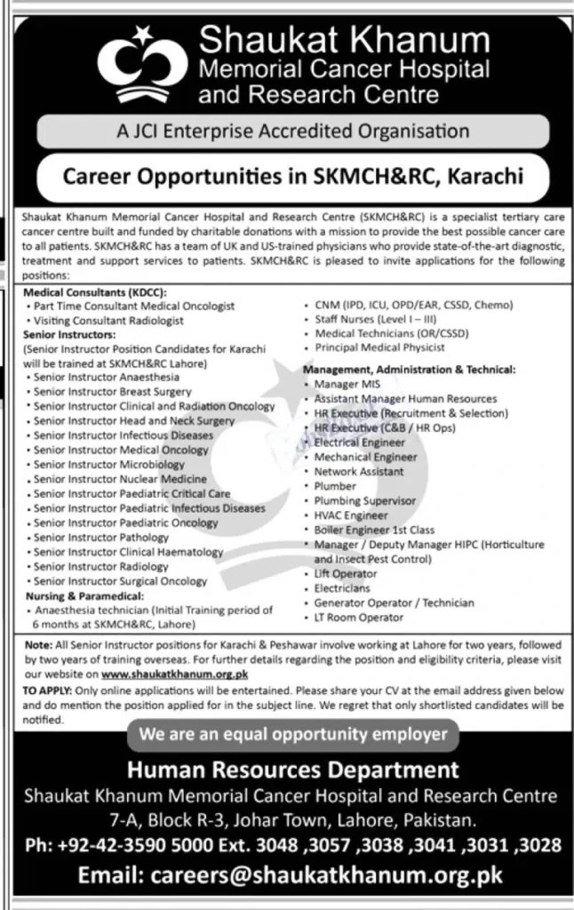 Shaukat Khanum Memorial Cancer Hospital Jobs 2023