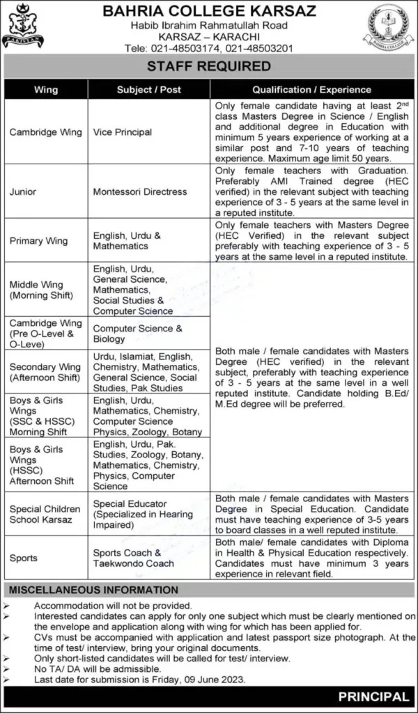 Bahria College Karsaz Karachi Jobs 2023