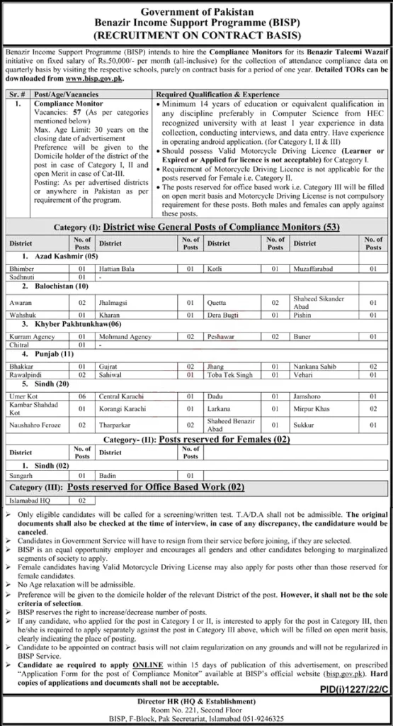 Benazir Income Support Program BISP Jobs 2023