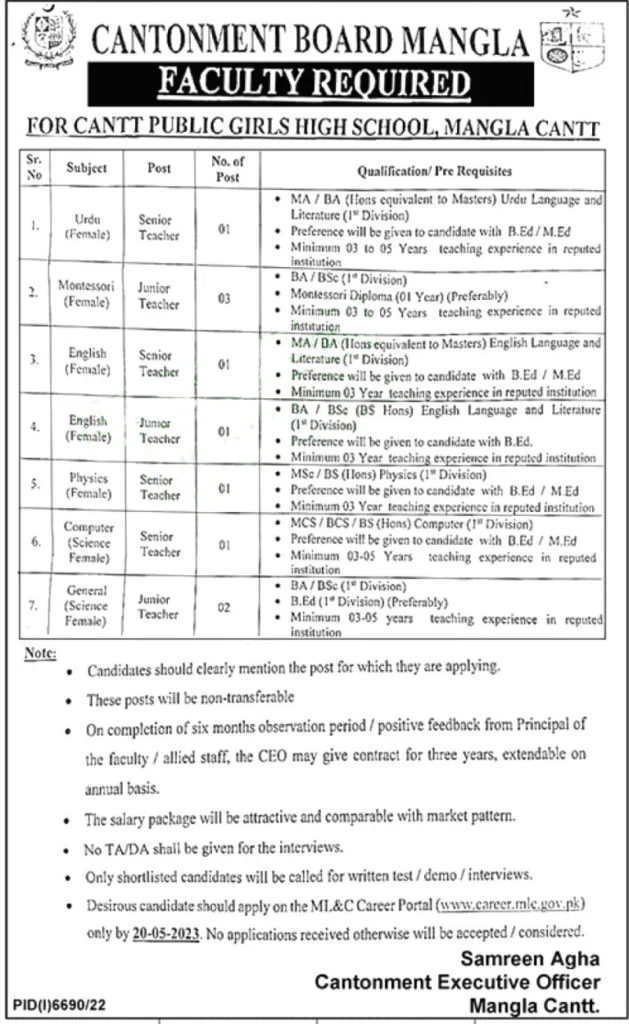 Cantonment Board Mangla Cantt Jobs 2023