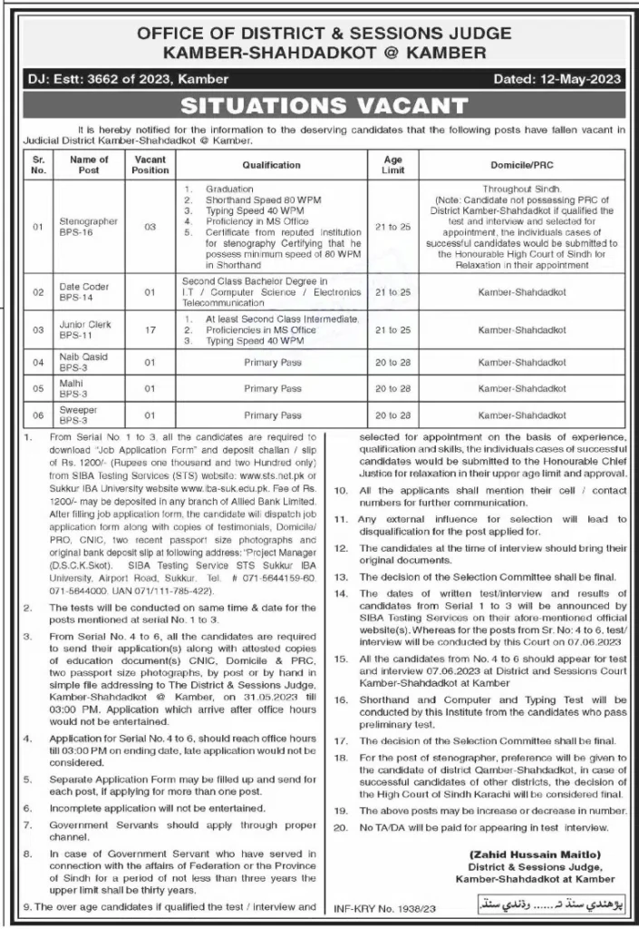 District and Session Courts Kamber Shahdatkot Jobs 2023