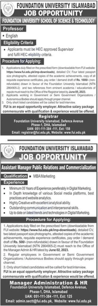 Foundation University Islamabad Jobs 2023