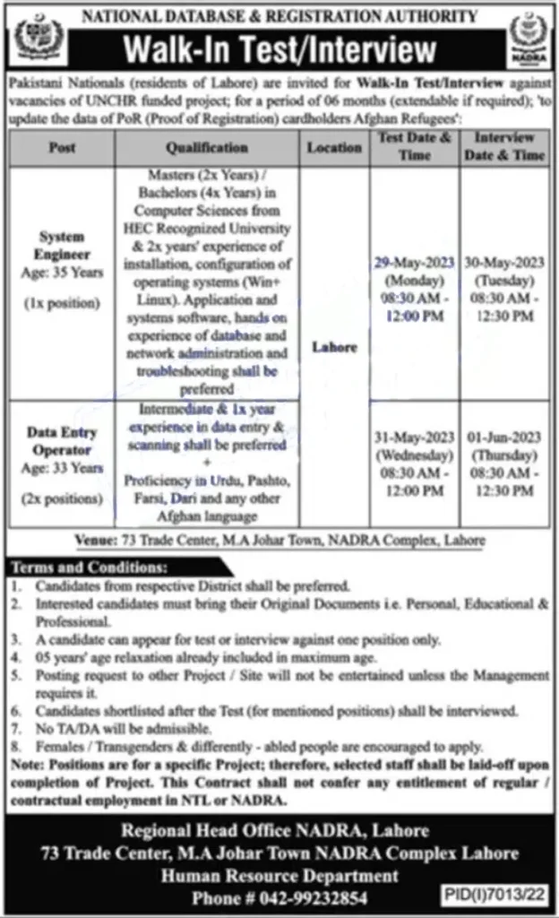 NADRA Head Office Lahore Jobs 2023