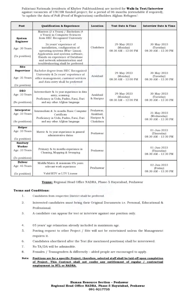 NADRA Regional Head Office Peshawar Jobs 2023