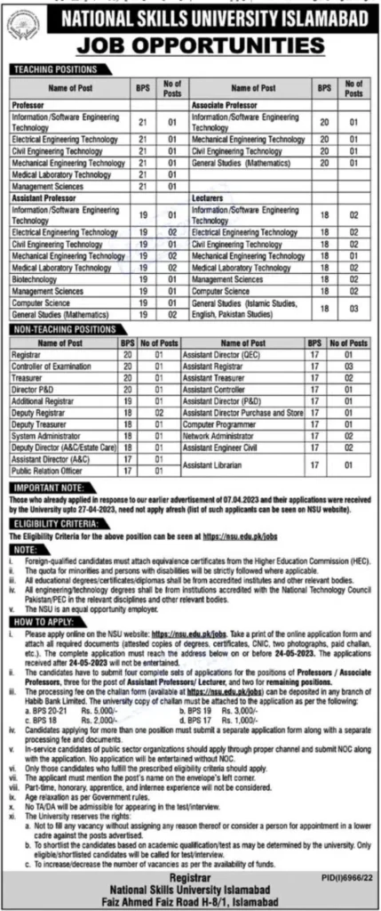 National Skills University NSU Islamabad Jobs 2023