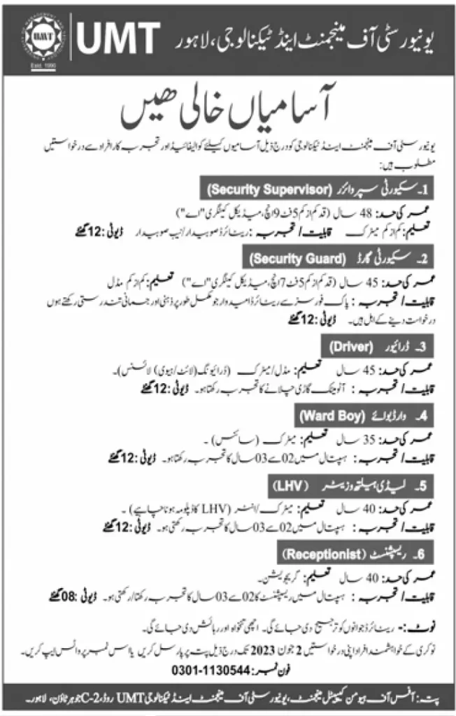 The University of Management and Technology UMT Jobs 2023