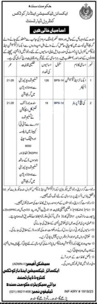 Excise and Taxation Department Sindh Jobs 2023