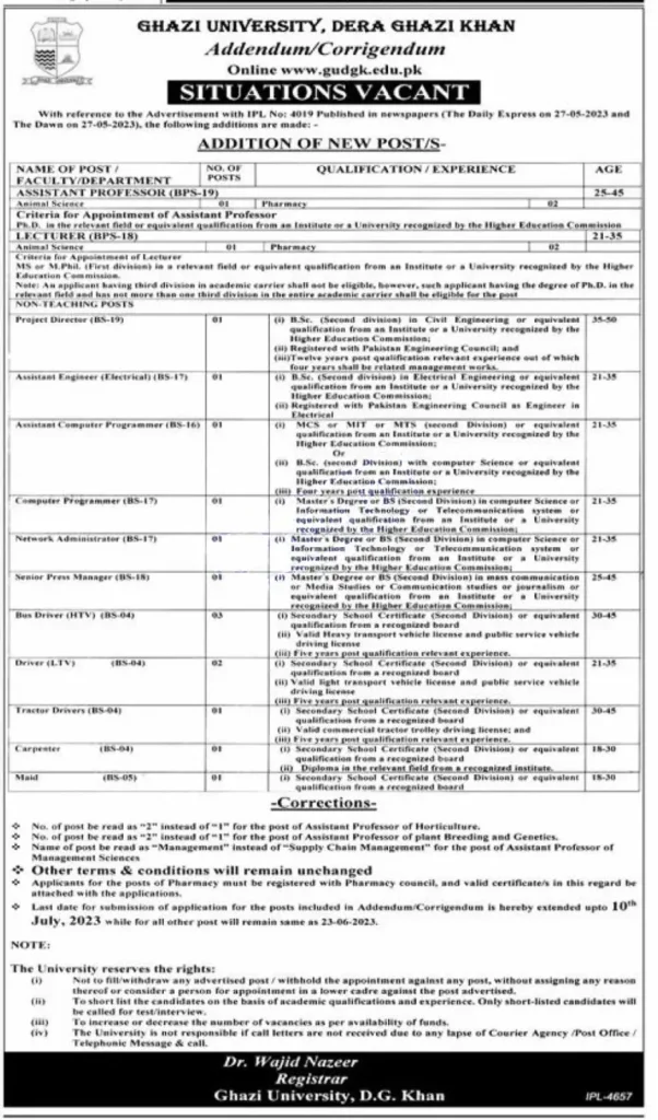 Ghazi University Dera Ghazi Khan Jobs 2023