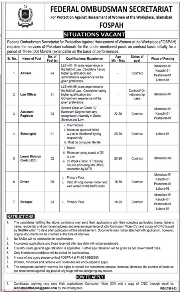 Federal Ombudsman Secretariat Jobs 2023