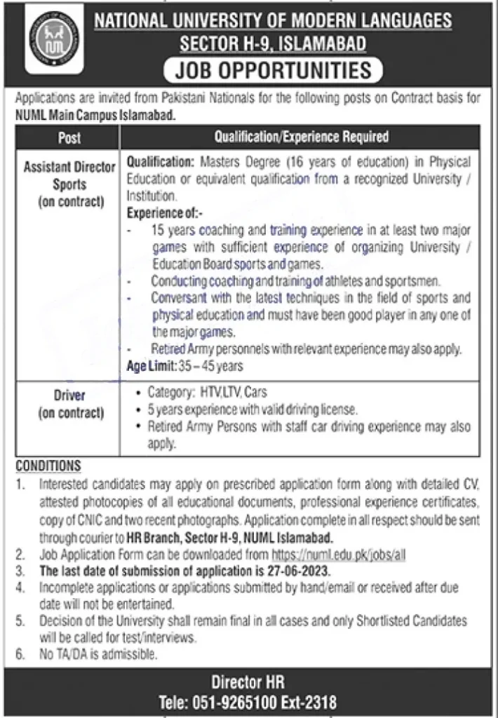 NUML Islamabad Jobs 2023