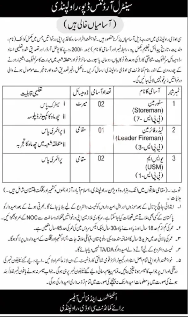 Pak Army Central Ordnance Depot Rawalpindi Jobs 2023