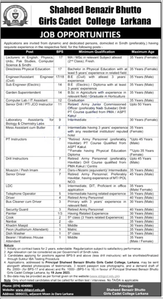 Shaheed Benazir Bhutto Girls Cadet College Larkana Jobs 2023