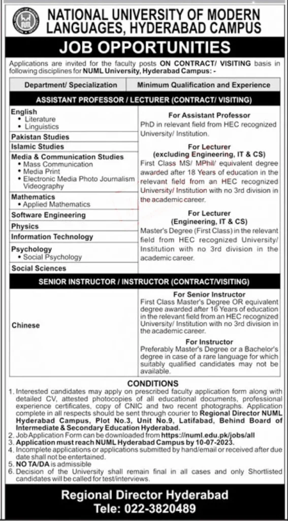 NUML Hyderabad Campus Jobs 2023