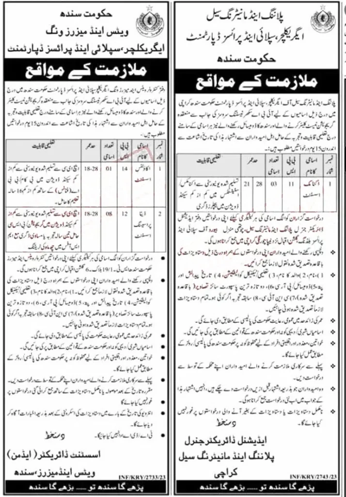 Agriculture Supply and Prices Department Sindh Jobs 2023