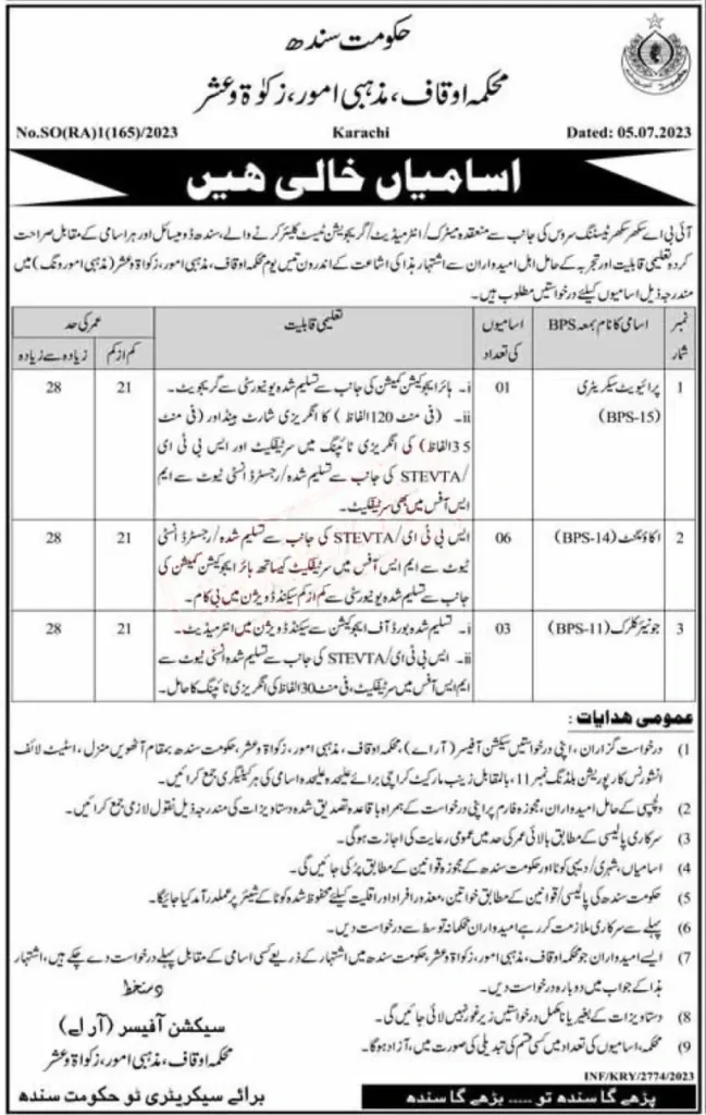 Auqaf Religious Affairs Zakat and Ushr Department Sindh Jobs 2023