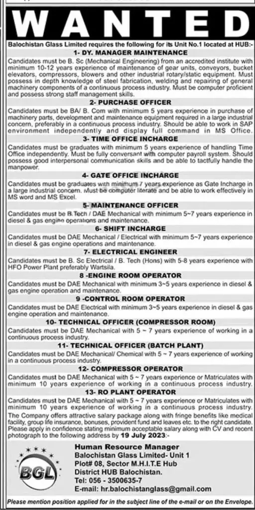 Balochistan Glass Limited BGL Jobs 2023