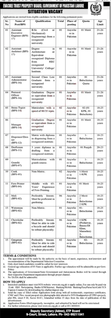 Evacuee Trust Property Board Jobs 2023