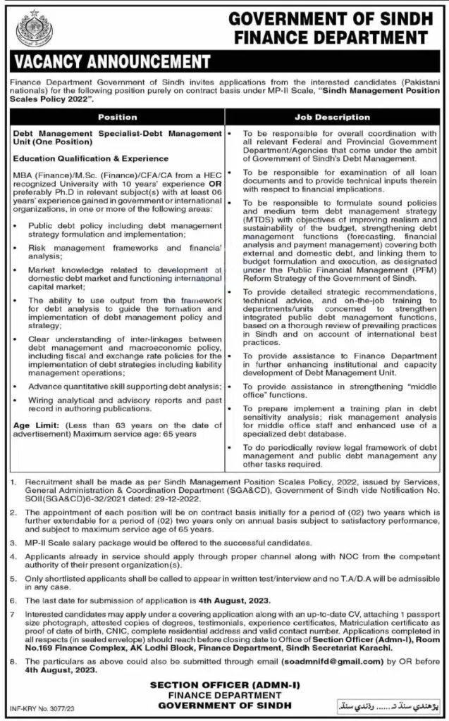 Finance Department Sindh Jobs 2023