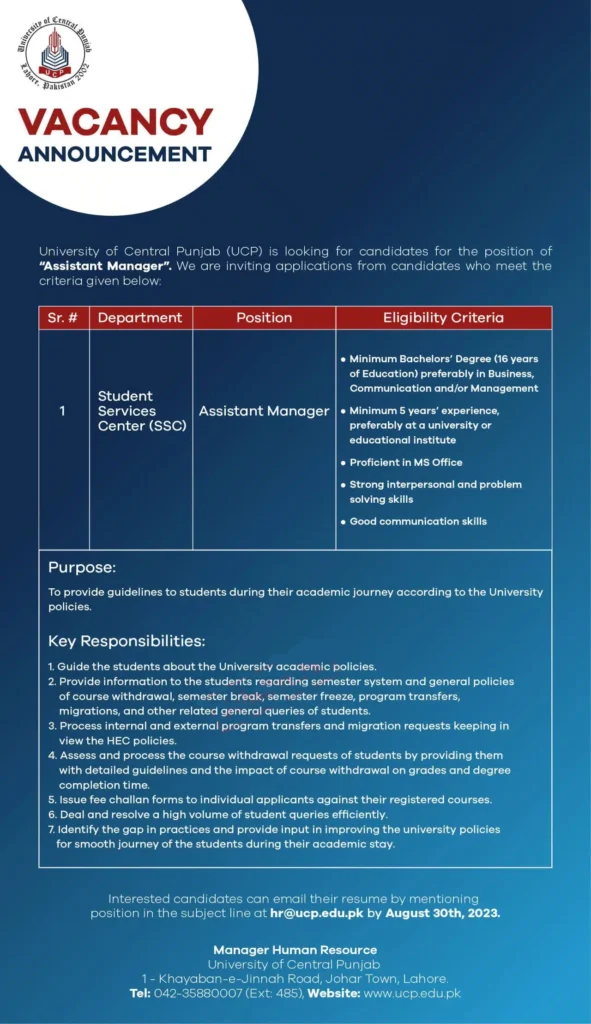 University of Central Punjab Jobs 2023 - Latest UCP Careers