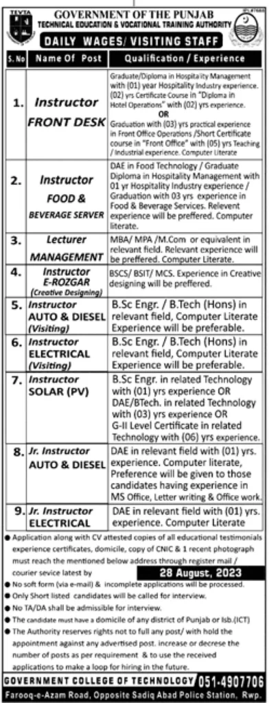 TEVTA Punjab Latest Jobs 2023 - Easy Apply Online