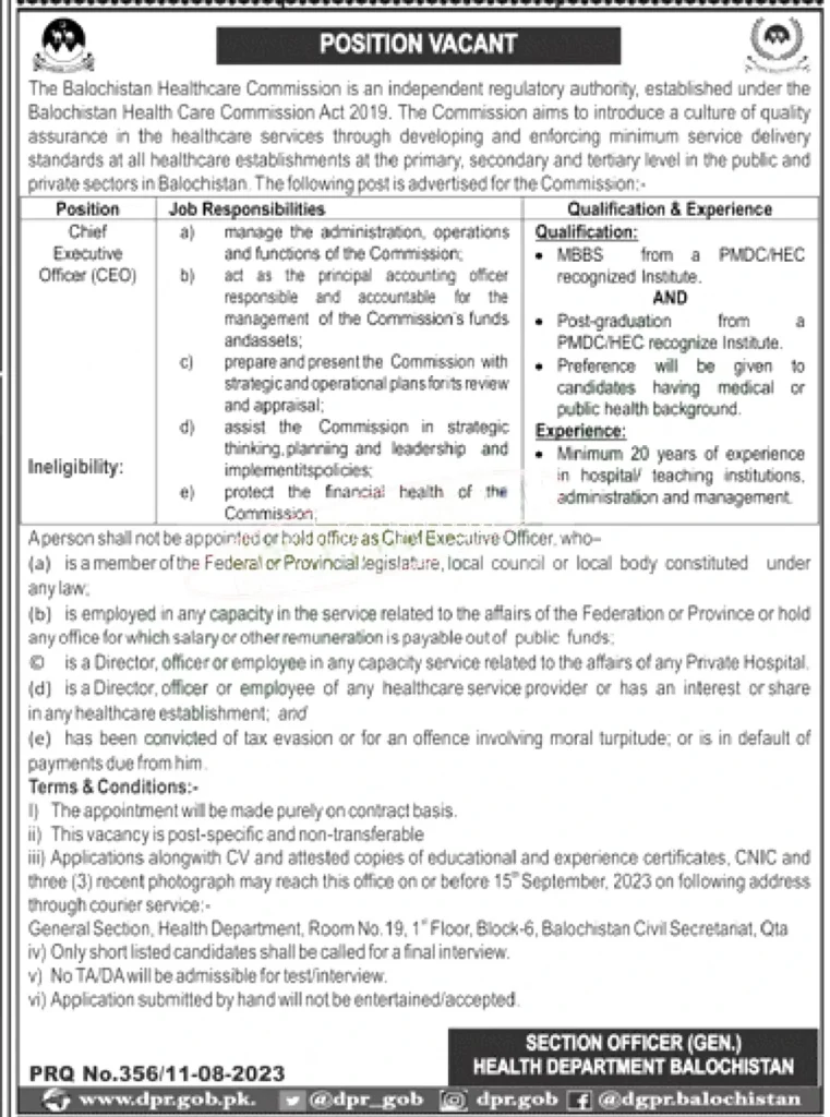 Balochistan Healthcare Commission Jobs 2023