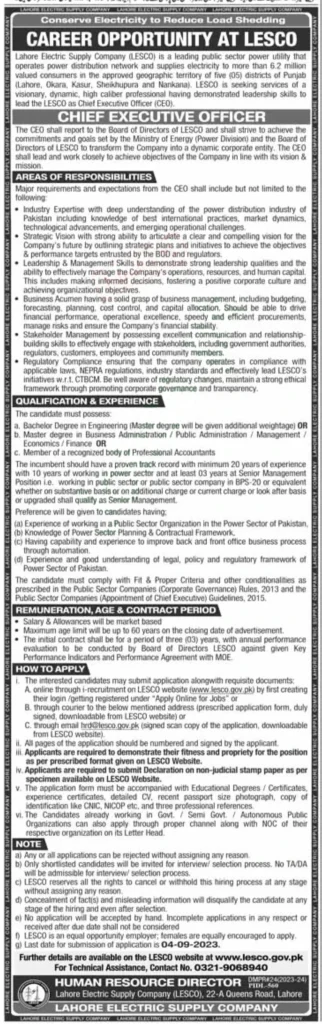 Lahore Electric Supply Company LESCO Jobs 2023