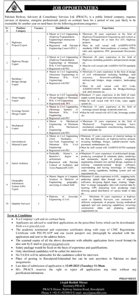 Pakistan Railway Advisory and Consultancy Services Jobs 2023