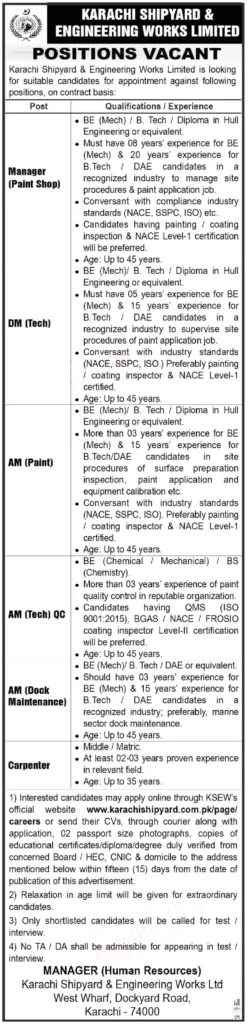 KSEW Jobs 2023 - Karachi Shipyard and Engineering Works Careers Advertisement
