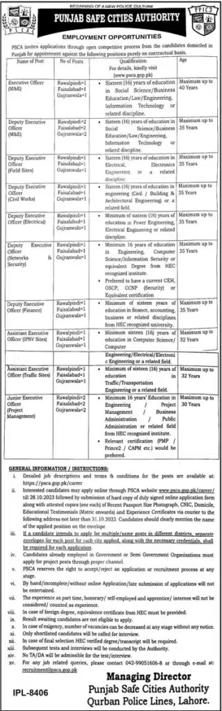 Punjab Safe Cities Authority PSCA Jobs 2023 Advertisement